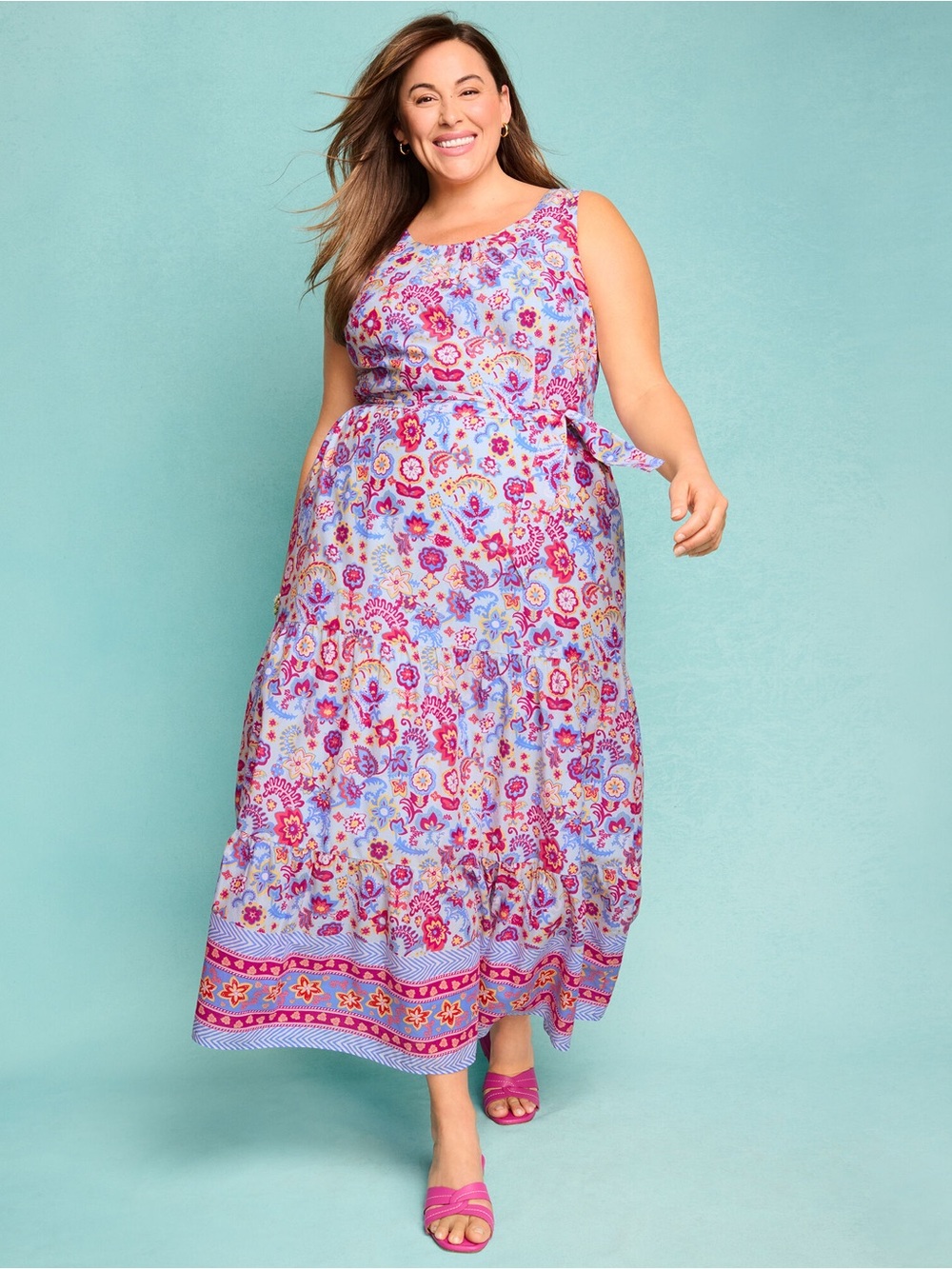 Talbots Charming Floral Voile Maxi Dress Womens Size 22W Blue Pink Whimsical